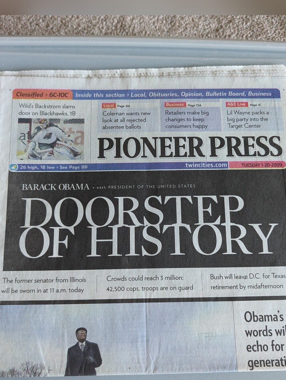 Pioneer Press 'Doorstep of History' Newspaper Front Page - Obama 1/20/09